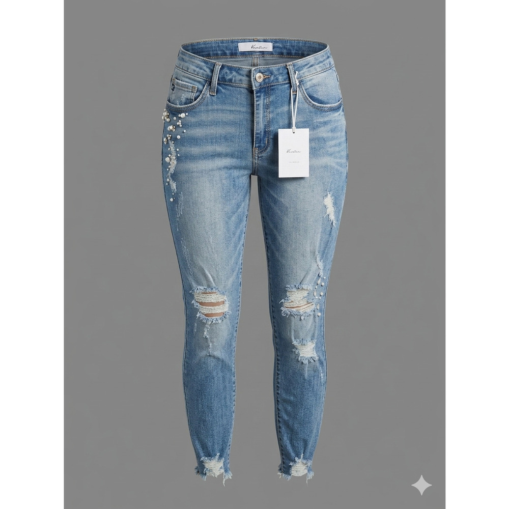 KanCan Pearl Rhinestone Distressed‎ Ankle Skinny Jeans Size 13/30 Blue NWT